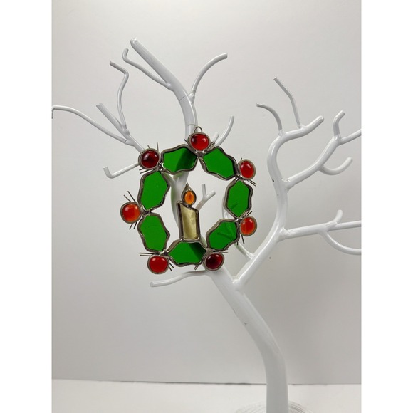 The Unbranded Brand Other - 4" Holly Wreath Stained Glass Sun Catcher Christmas Holiday Vintage Hand Made